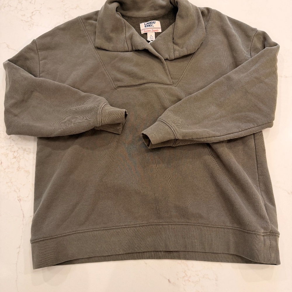 Lands’ End Serious Sweats Pullover Sweatshirt Women’s M 10-12 Taupe Funnel Colla